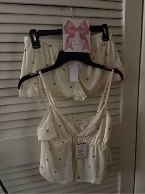 Pink Rose Cream Cami & Shorts Set with Strawberry Print